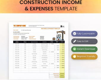 Plantilla de ingresos y gastos de construcción / Hoja de cálculo de Excel para el seguimiento de ingresos y costos del contratista / Planificador de presupuesto y finanzas del proyecto