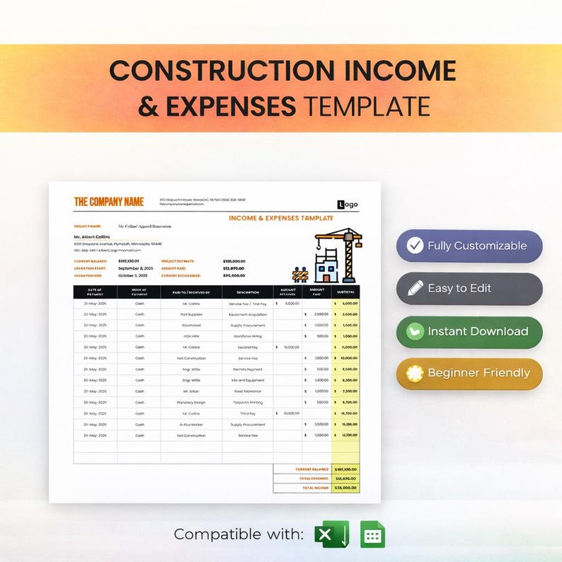 Construction Income and Expense Template | Excel Contractor Revenue ...