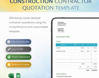 Plantilla de cotización para contratistas de construcción / Hoja de cálculo de Excel para presupuestos y propuestas / Calculadora de costos de proyectos / Descarga instantánea