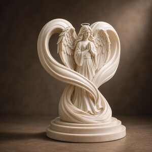 Puede incluir: Una escultura de color crema de un ángel con alas emplumadas y un halo, de pie con las manos juntas en oración. La figura está enmarcada por dos grandes cintas en forma de corazón que se arremolinan y surgen de una base circular escalonada.