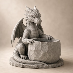 Può includere: Una statuetta di drago color pietra grigia con squame e ali testurizzate, posizionata dietro un contenitore rotondo, cavo e simile a una roccia. Il drago ha gli artigli appoggiati sul bordo del bacino, su una base circolare testurizzata.