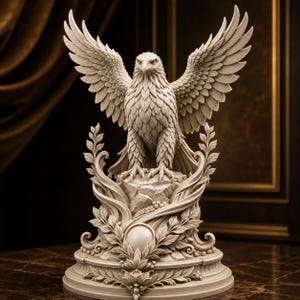 May include: A cream-colored eagle sculpture with wings fully extended, perched atop a textured rock formation. The base features intricate carvings of laurel leaves, swirling scrolls, and a central sphere, all rendered in a monochromatic finish.