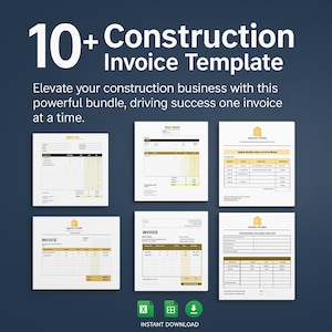 Op de afbeelding: Een digitaal product met meer dan tien sjablonen voor bouwfacturen. De afbeelding toont verschillende factuurlay-outs tegen een donkerblauwe achtergrond. Tekst omvat "10+ Construction Invoice Template" en "Instant Download."