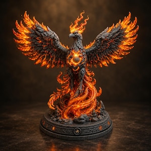 May include: A detailed phoenix figurine with dark, textured charcoal-colored feathers and vibrant orange and yellow flames erupting from its wings, chest, and base. The bird stands on a circular stone-like pedestal featuring carved symbols.