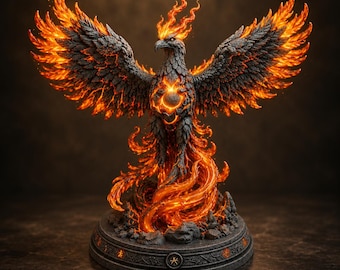 Flaming Phoenix Sculpture STL File | Fantasy Fire Bird 3D Print Model | Rising Phoenix Statue Digital Download