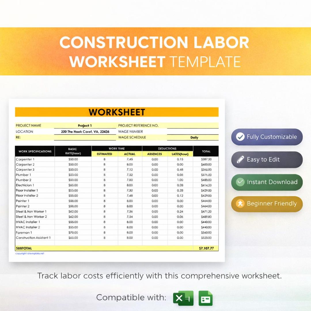 Construction Labor Worksheet Template | Excel Employee Hours & Payroll ...