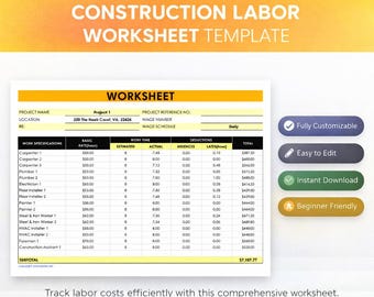 Plantilla de hoja de cálculo para mano de obra de construcción / Hoja de cálculo de Excel para el seguimiento de horas y nóminas de empleados / Planificador de horarios de trabajo para contratistas