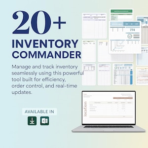 Può includere: Un laptop che mostra un software di gestione dell'inventario, circondato da vari documenti di monitoraggio dell'inventario. L'immagine presenta il testo "20+ INVENTORY COMMANDER" e mette in evidenza funzionalità come efficienza e aggiornamenti in tempo reale. Il software è disponibile in più formati.