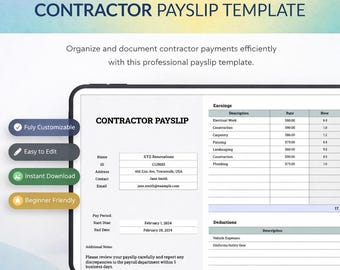 Plantilla de nómina para contratistas / Hoja de cálculo de Excel para nóminas y recibos de sueldo / Registro de pagos para trabajadores autónomos / Descarga instantánea