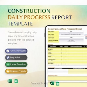 Plantilla de informe diario de progreso de construcción / Hoja de cálculo de Excel para seguimiento de obras y actualización de proyectos / Registro de trabajo del contratista / Descarga instantánea