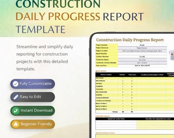 Plantilla de informe diario de progreso de construcción / Hoja de cálculo de Excel para seguimiento de obras y actualización de proyectos / Registro de trabajo del contratista / Descarga instantánea