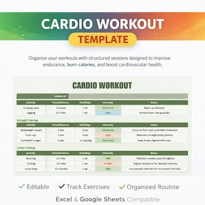 Könnte beinhalten: Eine Cardio-Workout-Vorlage in Grün, Weiß und Gelb. Die Vorlage ist strukturiert, um die Ausdauer zu verbessern und Kalorien zu verbrennen, mit Abschnitten für Aufwärmen, Krafttraining und Cardio-Übungen. Sie enthält Details zu Zeit, Sätzen und Intensität. Der Text besagt, dass sie bearbeitbar ist.