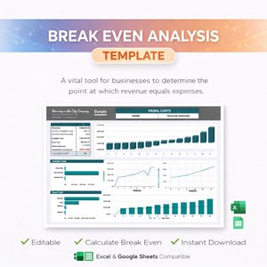 May include: A digital template for break-even analysis, featuring charts and graphs. The design includes the text "BREAK EVEN ANALYSIS" and "TEMPLATE". The template is editable, calculates break-even points, and is instantly downloadable. Compatible with Excel and Google Sheets.