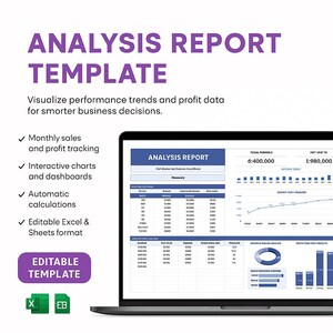 Może przedstawiać: Ekran laptopa wyświetla "SZABLON RAPORTU Z ANALIZY" z wizualizacjami danych. Szablon zawiera wykresy, pulpity nawigacyjne i dane finansowe z tekstem "Wizualizuj trendy wydajności i dane zysków, aby podejmować mądrzejsze decyzje biznesowe."
