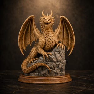 May include: A tan-colored dragon figurine with detailed scales, large spread wings, and an open mouth, perched atop a textured gray rock formation. The entire sculpture is mounted on a circular, smooth, light brown wooden base.