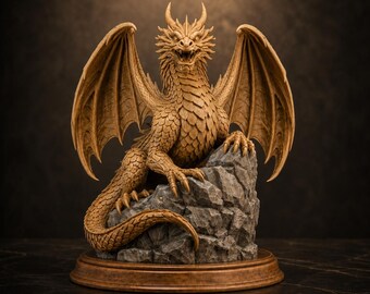 Golden Dragon Statue STL File | Fantasy Winged Dragon 3D Print Model | Rock Base Dragon Sculpture Digital Download