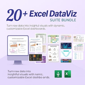 May include: An advertisement for an Excel DataViz Suite Bundle. The image features a computer monitor displaying a data visualization project, surrounded by various Excel dashboard examples. Text includes "20+ Excel DataViz SUITE BUNDLE" and "Turn raw data into insightful visuals."