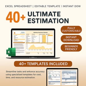 Op de afbeelding: Een laptop toont een Excel-spreadsheet sjabloon met de tekst "Building Contractor Enimate". De afbeelding promoot "40+ ULTIMATE ESTIMATION" sjablonen, met functies als "FULLY CUSTOMIZABLE" en "INSTANT DOWNLOAD". De tekst vermeldt ook "Beginner Friendly".