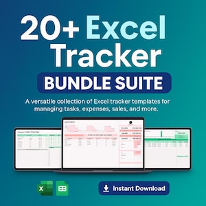 May include: A teal and blue graphic promoting an Excel tracker bundle suite. The text reads "20+ Excel Tracker BUNDLE SUITE" with a description below. Three laptops display Excel spreadsheets. An "Instant Download" button is at the bottom.