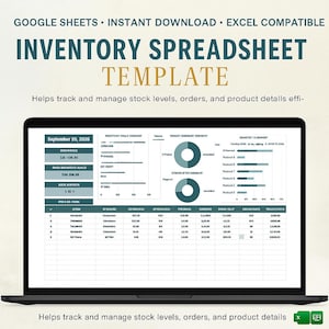 May include: A laptop displaying an inventory spreadsheet template. The screen shows data tables, charts, and the text "INVENTORY SPREADSHEET TEMPLATE." The template is designed to help track and manage stock levels, orders, and product details.