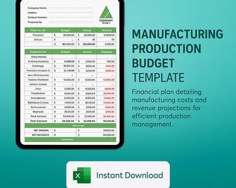 Plantilla de presupuesto de producción de manufactura en Excel Hoja de cálculo de control de costos y gastos de fábrica Panel de planificación de producción Archivo de Excel editable