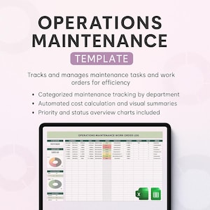 Könnte beinhalten: Eine digitale Vorlage für die Betriebswartung, angezeigt auf einem Tablet. Der Bildschirm zeigt eine Tabelle mit Daten und Diagrammen. Der Titel lautet "OPERATIONS MAINTENANCE TEMPLATE". Die Beschreibung umfasst Funktionen wie Wartungsverfolgung.