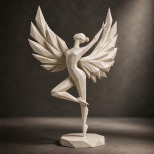 May include: A cream-colored, low-poly geometric sculpture of a winged figure in a dynamic dancing pose. The figure features sharp, angular facets throughout the body and large, expansive wings, all mounted on a hexagonal base with a matte finish.