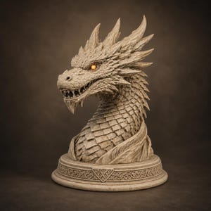 May include: A stone-colored dragon bust sculpture featuring intricate scale textures, sharp horns, and a pointed chin. The dragon has a single visible glowing orange eye and is mounted on a circular base with a decorative geometric pattern.