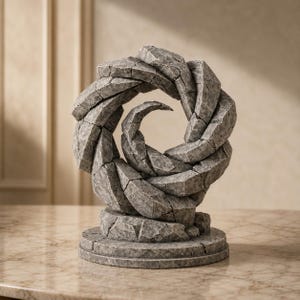 May include: A grey stone sculpture featuring a series of interlocking, angular segments arranged in a circular, swirling vortex pattern. The object rests on a flat, circular base and displays a textured, weathered surface with visible cracks.