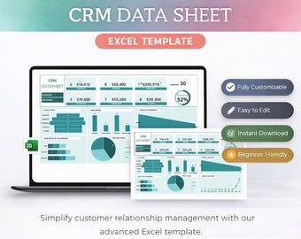 Plantilla de hoja de datos CRM / Hoja de cálculo de Excel para base de datos de clientes y seguimiento de ventas / Gestión de pequeñas empresas / Descarga instantánea