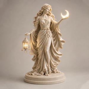 Puede incluir: Una estatua de color crema de una figura con cabello largo y fluido que viste una túnica drapeada. La figura sostiene una luna creciente brillante en una mano y una linterna encendida con detalles en forma de estrella en la otra.
