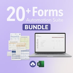 May include: A laptop showing a spreadsheet, with a collection of forms to the left. The image features the text "20+ Forms Automation Suite BUNDLE". Download and Excel icons are at the bottom. The background is a purple gradient.