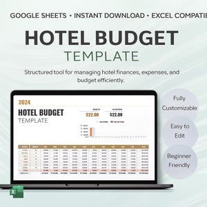Könnte beinhalten: Ein Laptop zeigt eine Hotelbudgetvorlage für 2024. Der Bildschirm zeigt eine Tabelle mit Finanzdaten, einschließlich Ausgaben und Budgetdetails. Der Text auf dem Bildschirm lautet "HOTEL BUDGET TEMPLATE" und "Fully Customizable, Easy to Edit, Beginner Friendly."