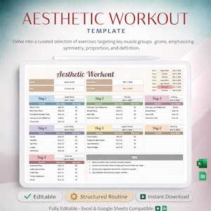 May include: Aesthetic Workout template on a tablet screen. The template includes a workout plan with exercises, sets, and reps. The design is in shades of blue and beige, with the text "Aesthetic Workout" at the top.
