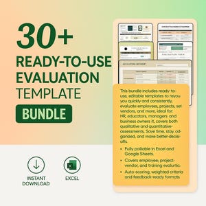 Puede incluir: Un paquete digital de más de 30 plantillas de evaluación listas para usar. El texto verde dice "PAQUETE DE PLANTILLAS DE EVALUACIÓN LISTAS PARA USAR". Incluye descarga instantánea y opciones de archivos Excel. Las plantillas son para evaluaciones de empleados, proyectos y proveedores.