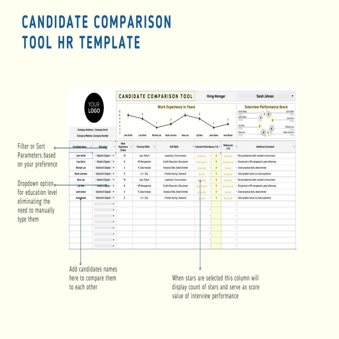 Candidate Comparison Tool HR Template | Excel Applicant Evaluation ...