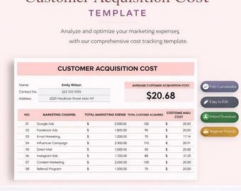 Plantilla de Coste de Adquisición de Clientes / Calculadora de CAC en Excel y Panel de Control de ROI de Marketing / Hoja de Cálculo de Finanzas Empresariales / Descarga Instantánea