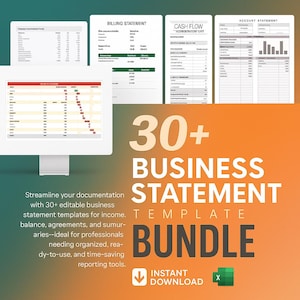 May include: A promotional image for a business statement template bundle. The image features a computer monitor displaying a financial chart, along with several printed financial statements. The text reads "30+ Business Statement Template Bundle" with an instant download option.