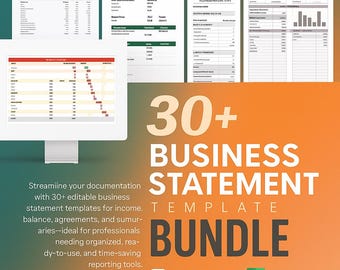 Paquete de más de 30 plantillas de estados de cuenta comerciales en Excel, informes financieros y seguimiento de ganancias, hojas de cálculo de ingresos, balances y flujo de caja, formularios editables.