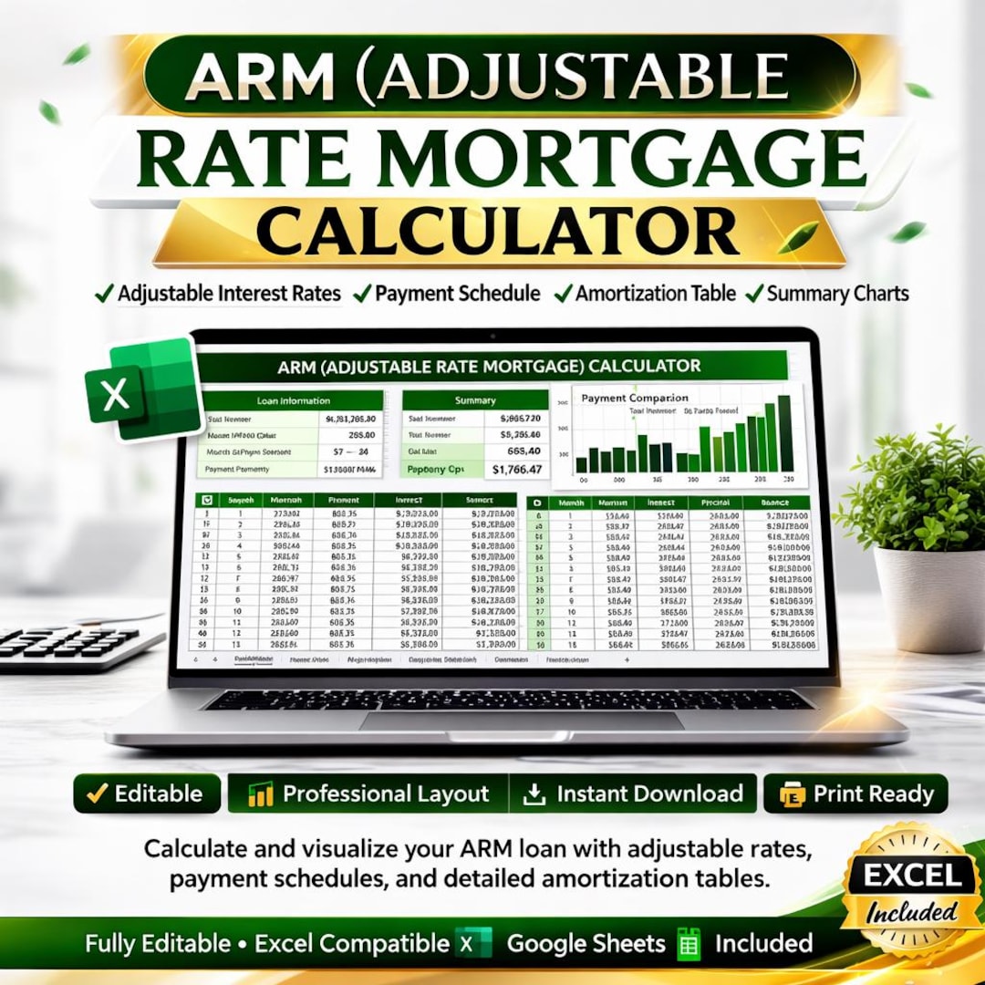 ARM Calculator Template | Excel Adjustable Rate Mortgage Payment &amp; Interest Tracker Spreadsheet ...