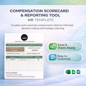 May include: A digital compensation scorecard and reporting tool template. The document includes sections for department selection, total compensation, and average REM score. Features include Excel & Sheets Ready and Easy to Customize.