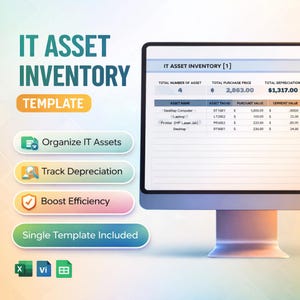 May include: A computer screen displays an IT Asset Inventory Template. The template includes sections for asset name, tag ID, purchase value, and current value. The image also features icons for organizing assets, tracking depreciation, and boosting efficiency.