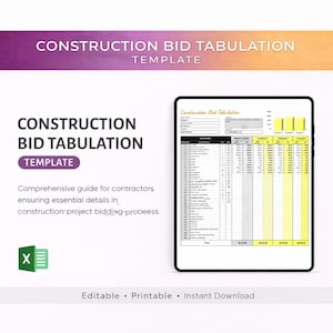 Puede incluir: Una plantilla digital para la tabulación de ofertas de construcción. La imagen presenta el texto "CONSTRUCTION BID TABULATION TEMPLATE" en un diseño morado y blanco. La plantilla está diseñada para ayudar a los contratistas a garantizar los detalles esenciales en el proceso de licitación.