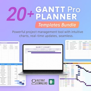 Op de afbeelding: Advertentie voor een digitale productbundel met een laptop die een Gantt-diagram weergeeft. De afbeelding bevat de tekst "20+ GANTT Pro PLANNER Templates Bundle" in paars en oranje. Extra grafieken en de woorden "INSTANT DOWNLOAD" zijn ook zichtbaar.