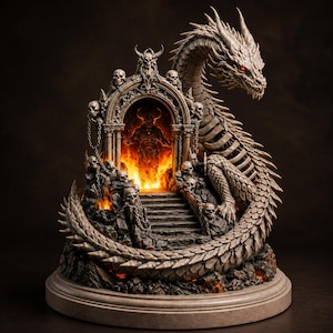 Può includere: Una scultura dettagliata che raffigura un grande drago di colore chiaro avvolto attorno a un arco in pietra. L'arco è decorato con numerosi teschi e catene metalliche, incorniciando una scena di fuoco arancione brillante.