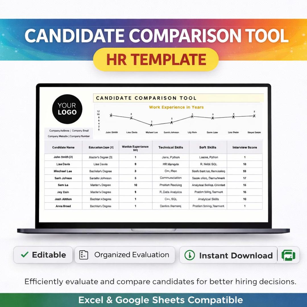 Candidate Comparison Tool HR Template | Excel Applicant Evaluation ...
