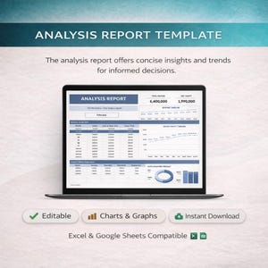 Może przedstawiać: Laptop wyświetla szablon raportu analitycznego z danymi finansowymi, wykresami i tabelami. Ekran pokazuje dane dotyczące przychodów i zysków, z opcjami edycji i natychmiastowego pobierania. Kompatybilny z programami Excel i Arkusze Google.