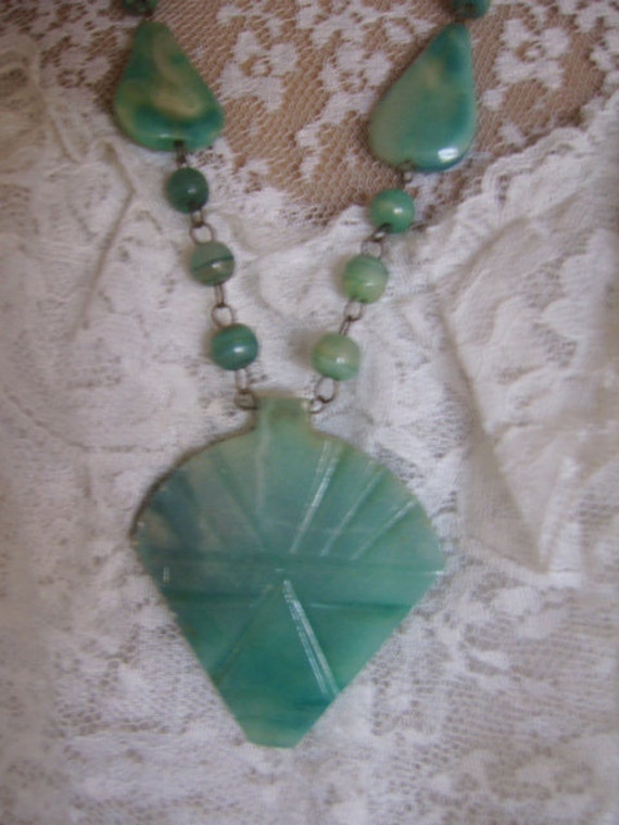 Antique Vintage RARE Carved Jade Glass Necklace