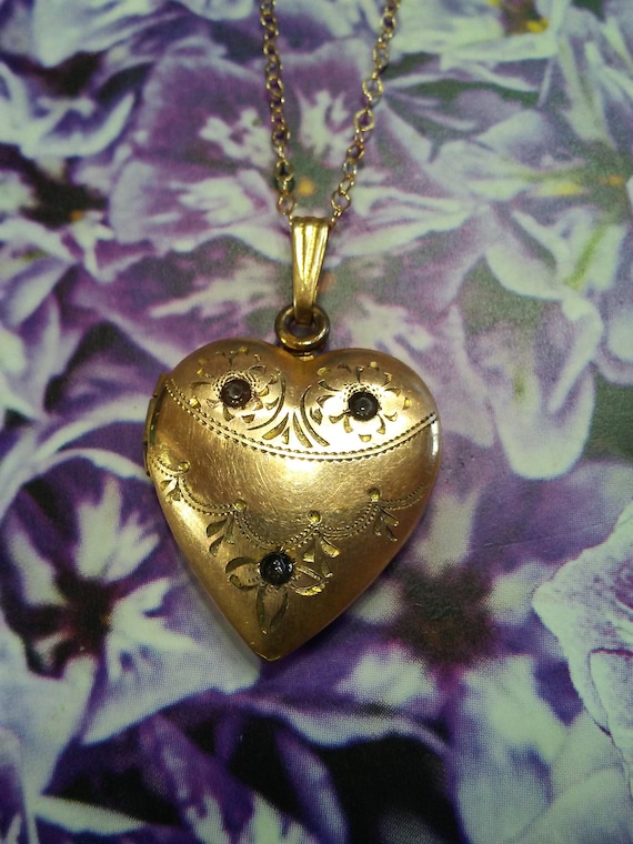 Antique 12K GF Gold Fill Etched Paste Stone Heart… - image 7