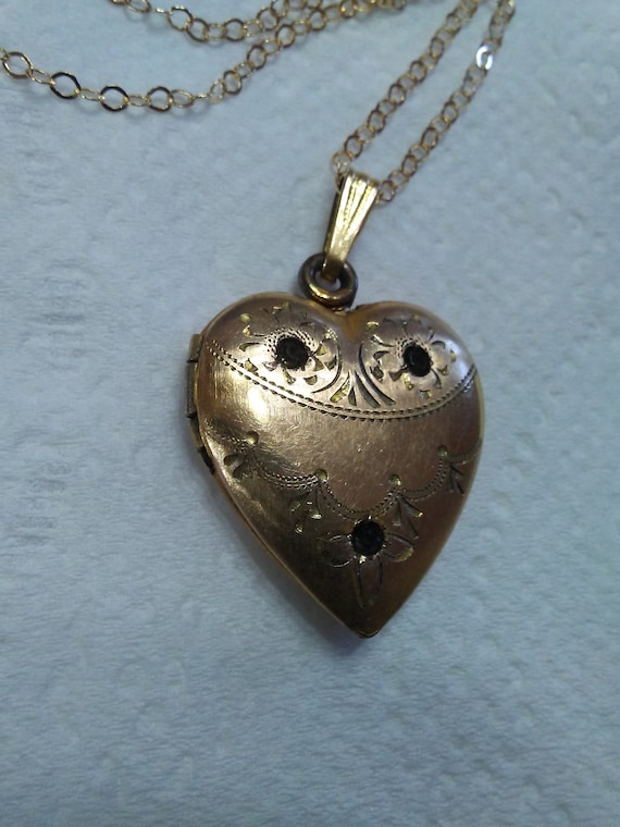 Antique 12K GF Gold Fill Etched Paste Stone Heart… - image 3